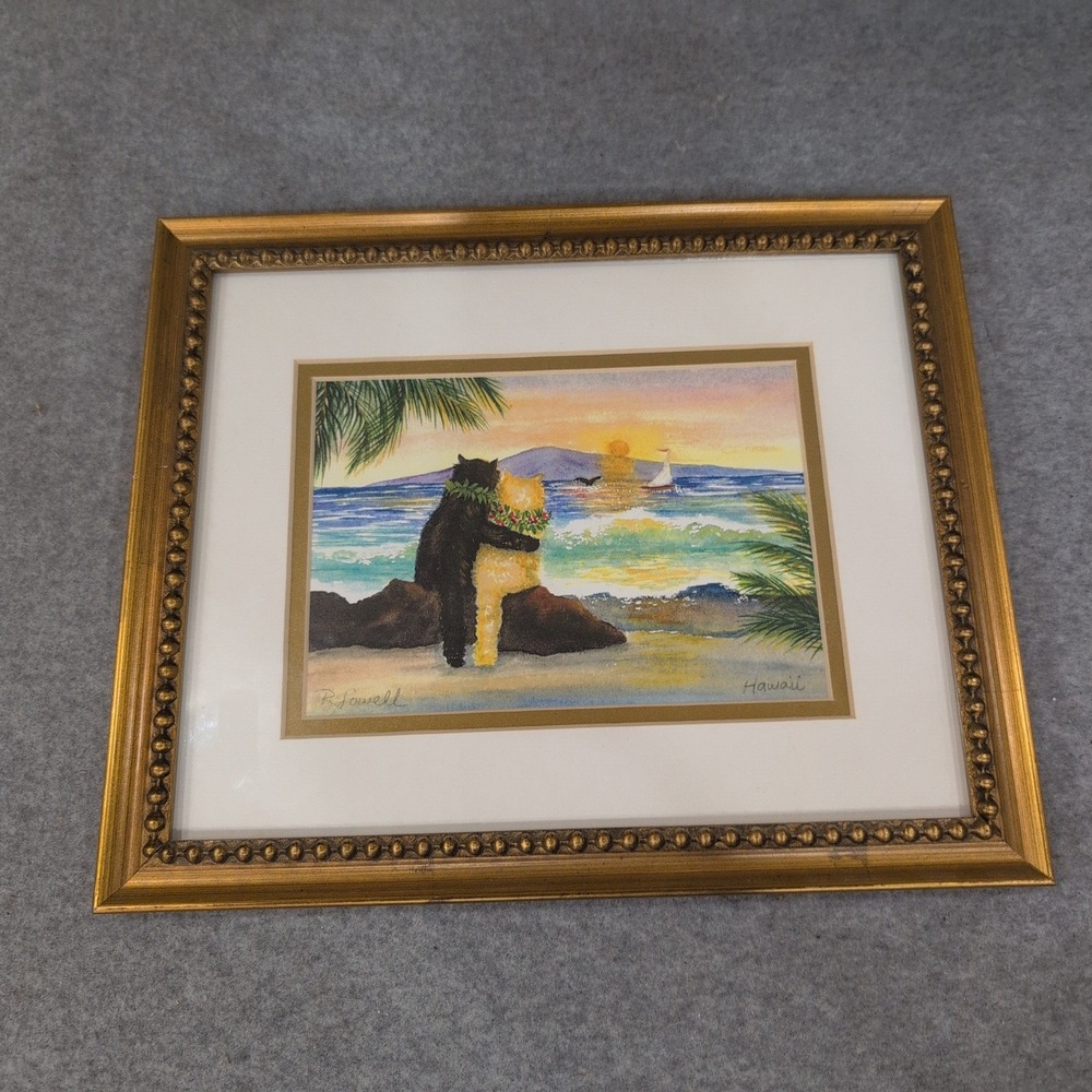 Rebecca Lowell Hawaii Art Print Framed Cats Beach Sunset Gold Ornate Frame - Picture 1 of 7